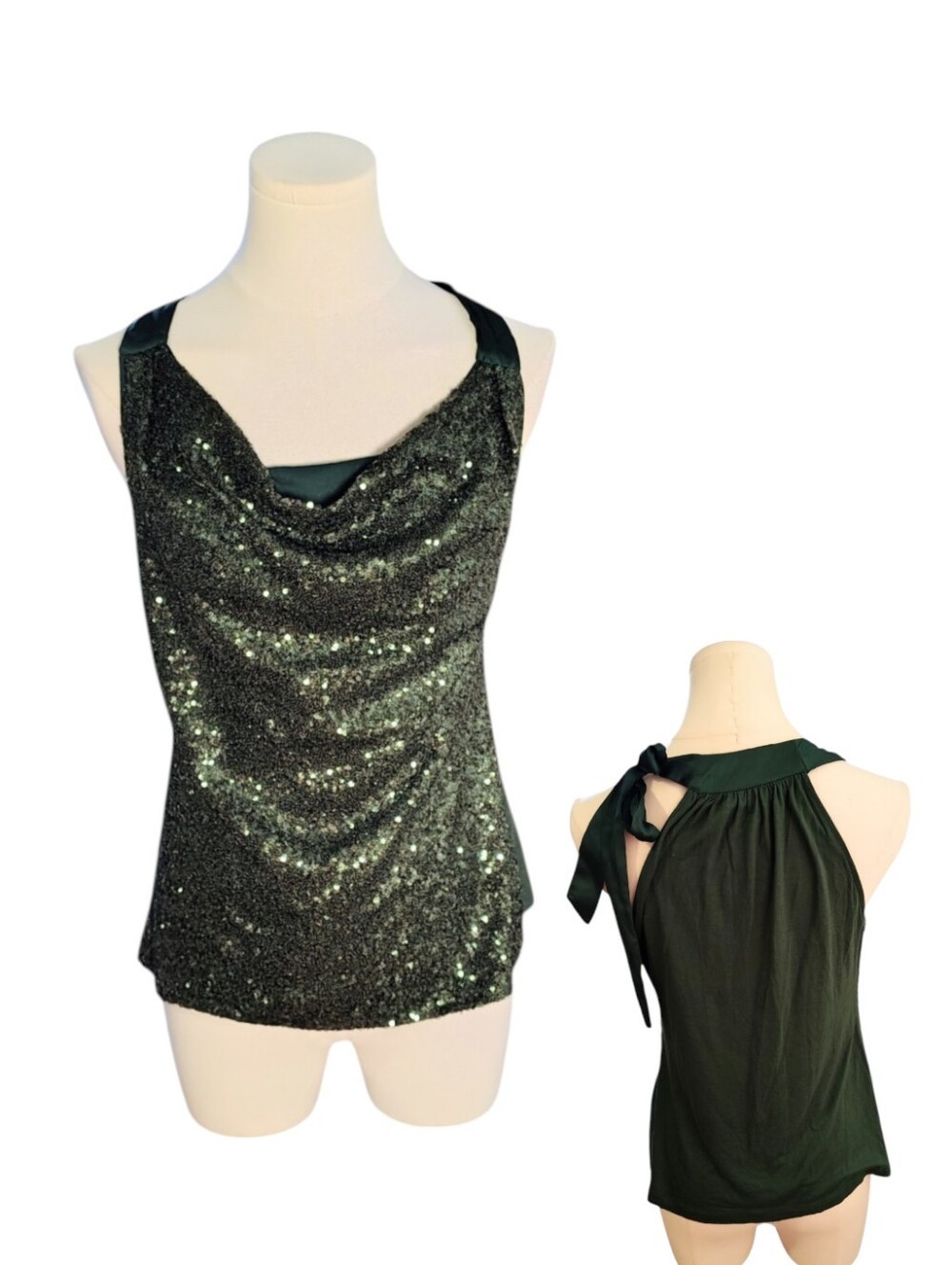 Jennifer Lopez Forest Green Sequin Tie Shoulder Halter Party Top Size Medium